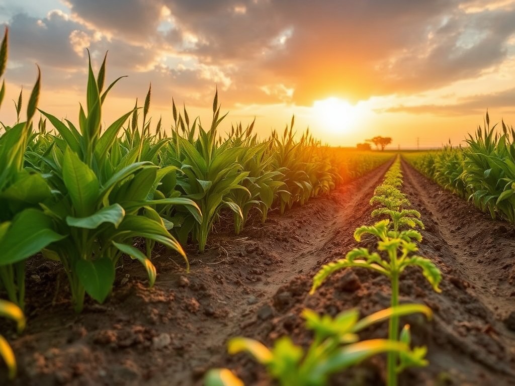 Drought-resistant crops thriving in dry soil, showcasing sustainable farming solutions for water-scarce regions