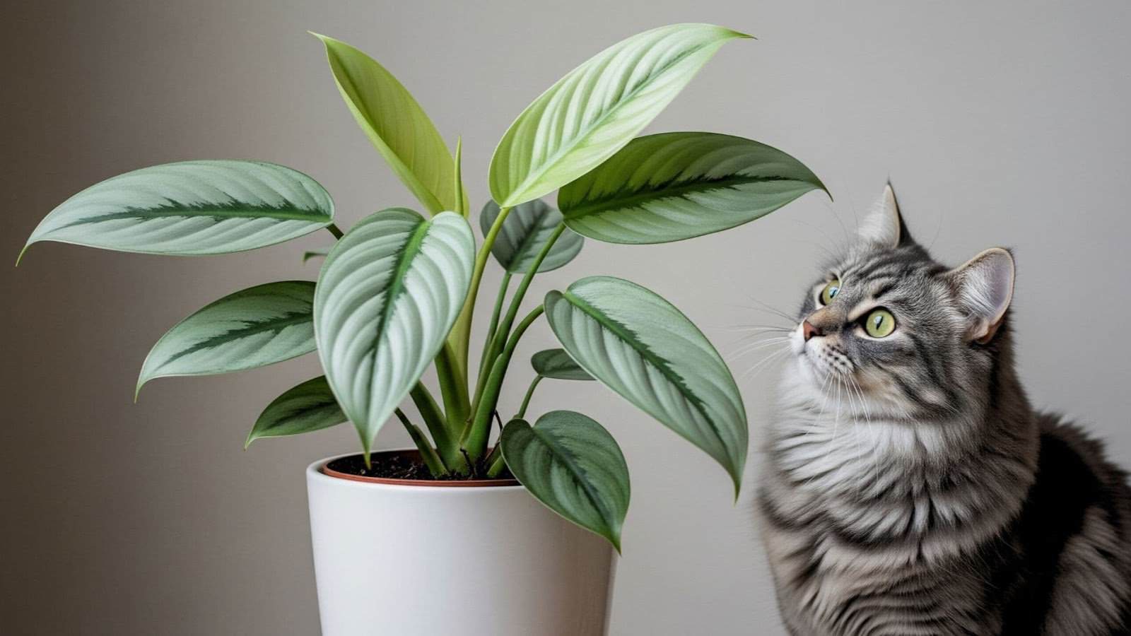 silver-sword-plant-philodendron-and-toxicity-to-pet A silver sword philodendron in a white pot placed near a curious cat, highlighting the plant's toxicity risks for pets like cats.