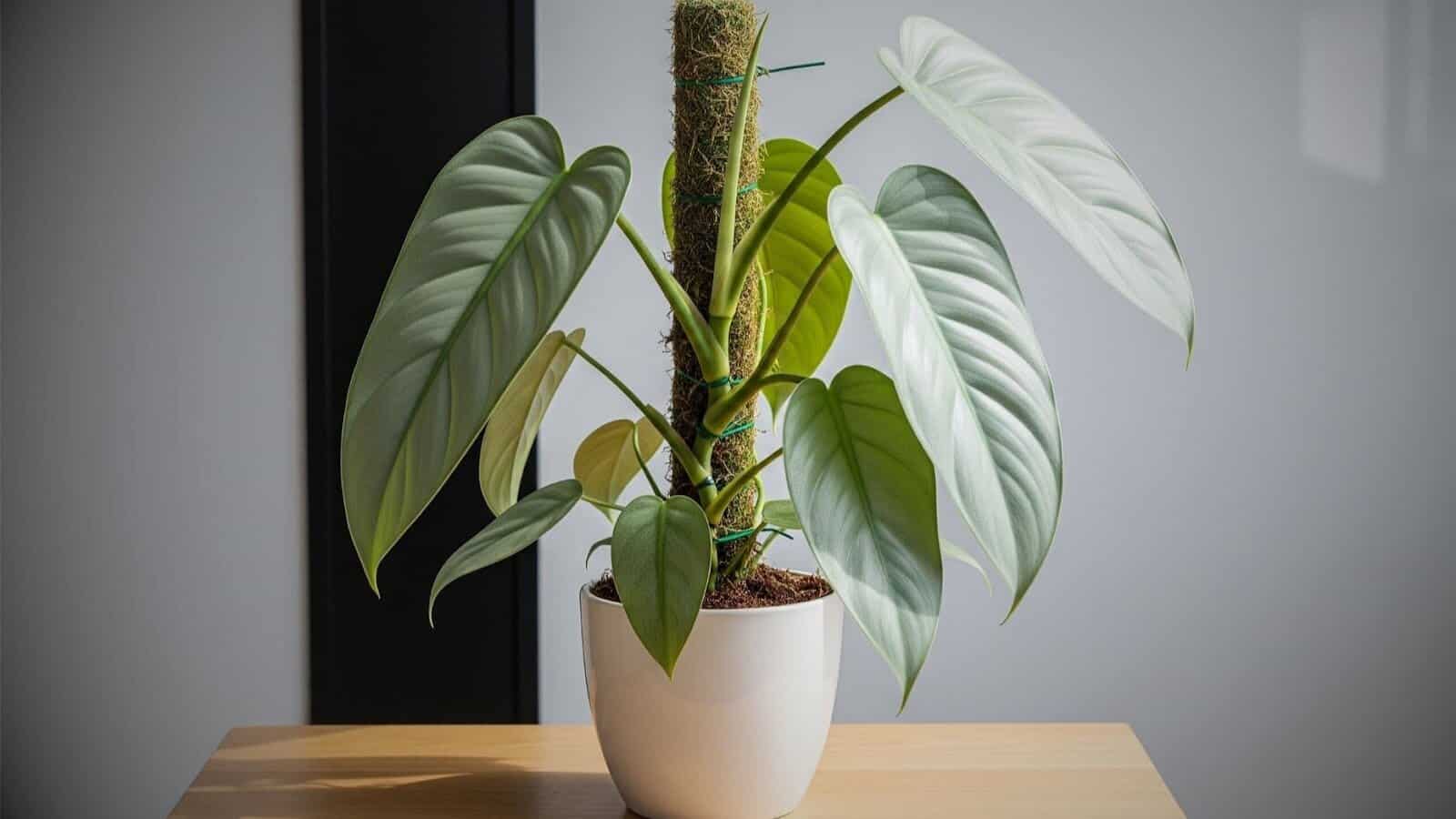 silver-sword-philo-moss-pole Silver Sword Philodendron climbing a moss pole, with lush silvery leaves supported by soft plant ties. Positioned in a bright room with minimal decor and white walls.
