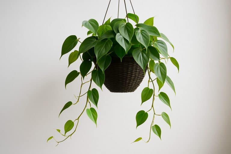 A hanging basket filled with lush, vibrant green leaves of a trailing houseplant, creating a natural, calming ambiance.