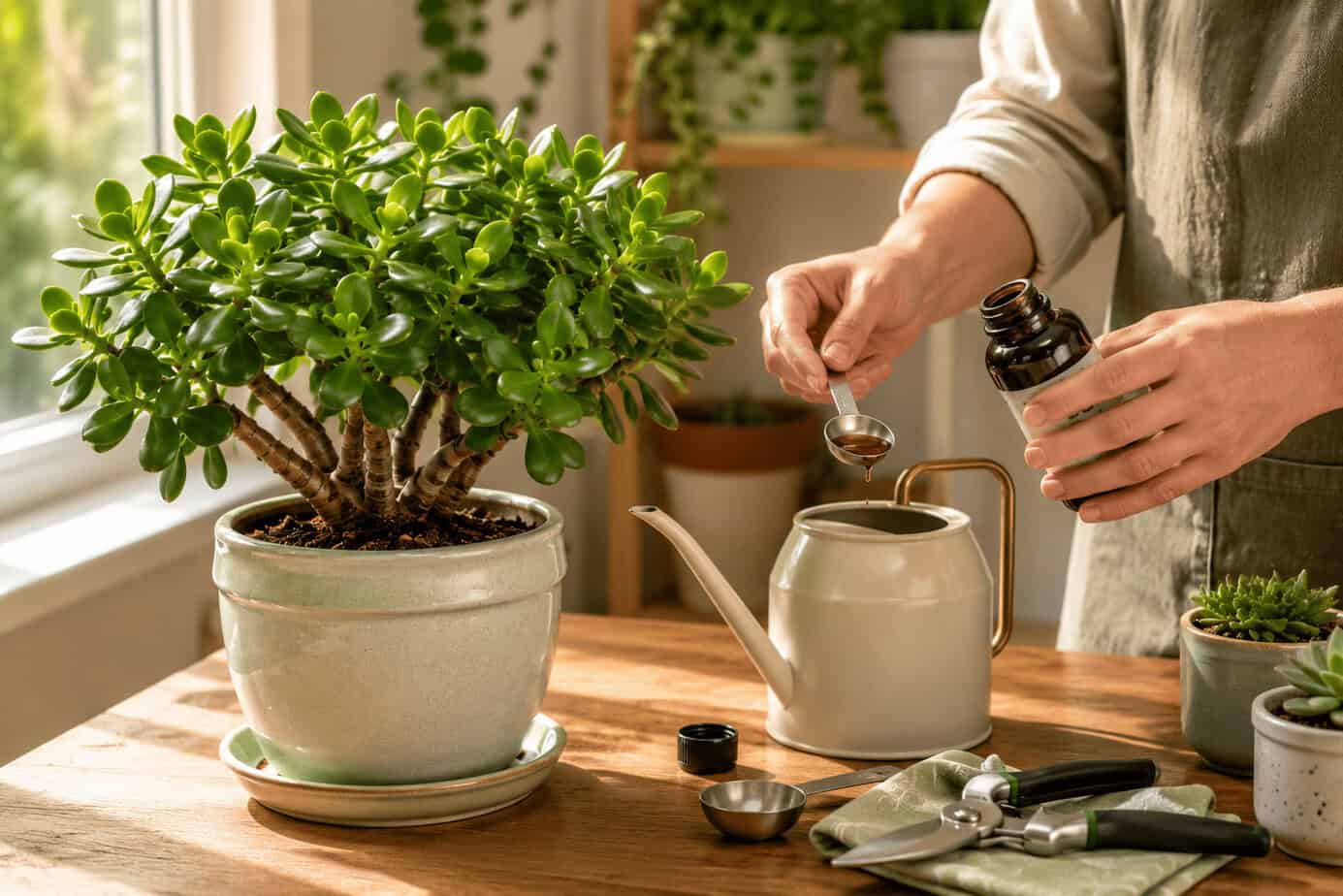 A person measuring liquid fertilizer to learn how to fertilize jade plant safely indoors. 