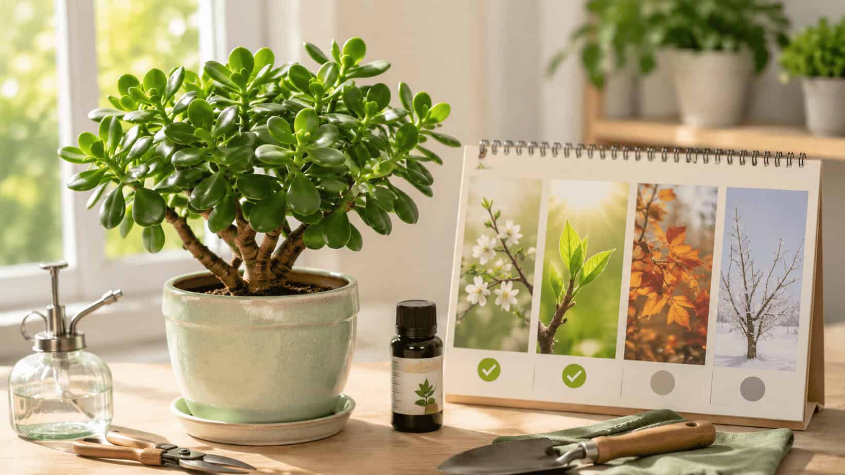 Seasonal calendar showing how to fertilize jade plant only during spring and summer growth.