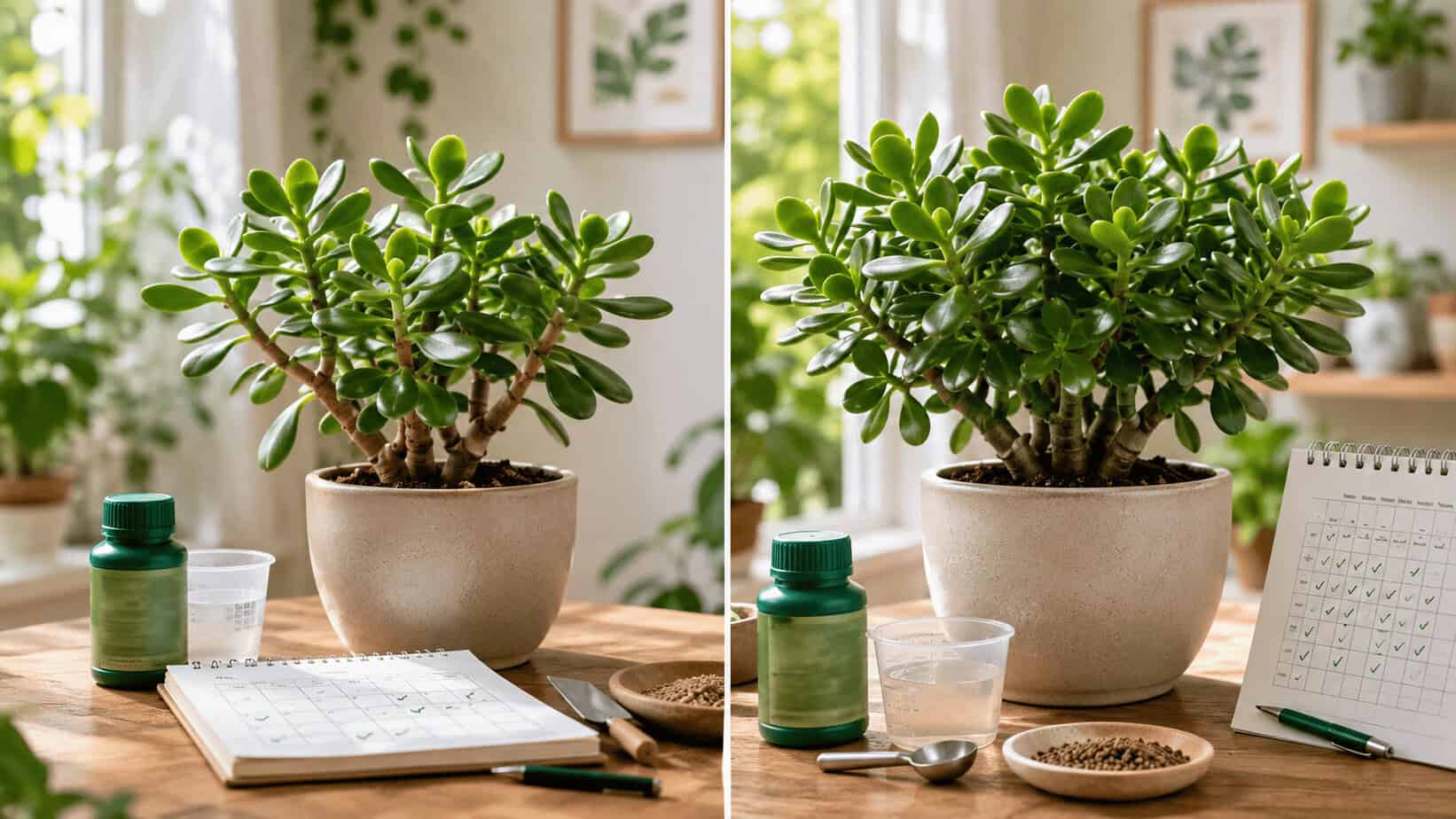 Before and after showing how to fertilize jade plant with proper tools and tracking schedule. 