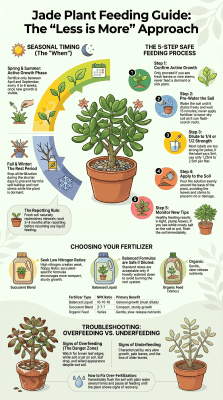 Infographic guide on how to fertilize jade plant using the less-is-more feeding approach. 